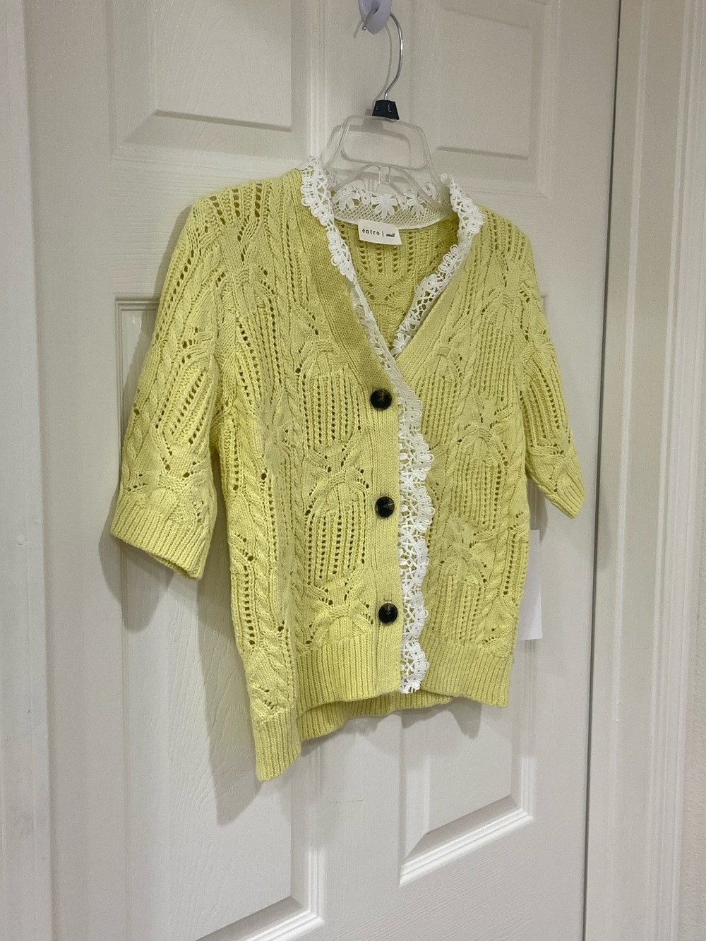 New Lemon Yellow Lace-Trim Short Sleeve Knit Cardigan